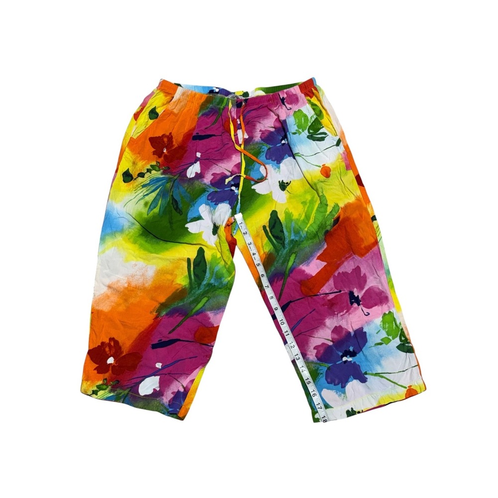 Jams World Crop Pants Womens L Floral Tropical Wide Leg Pull On Capri - Picture 8 of 11
